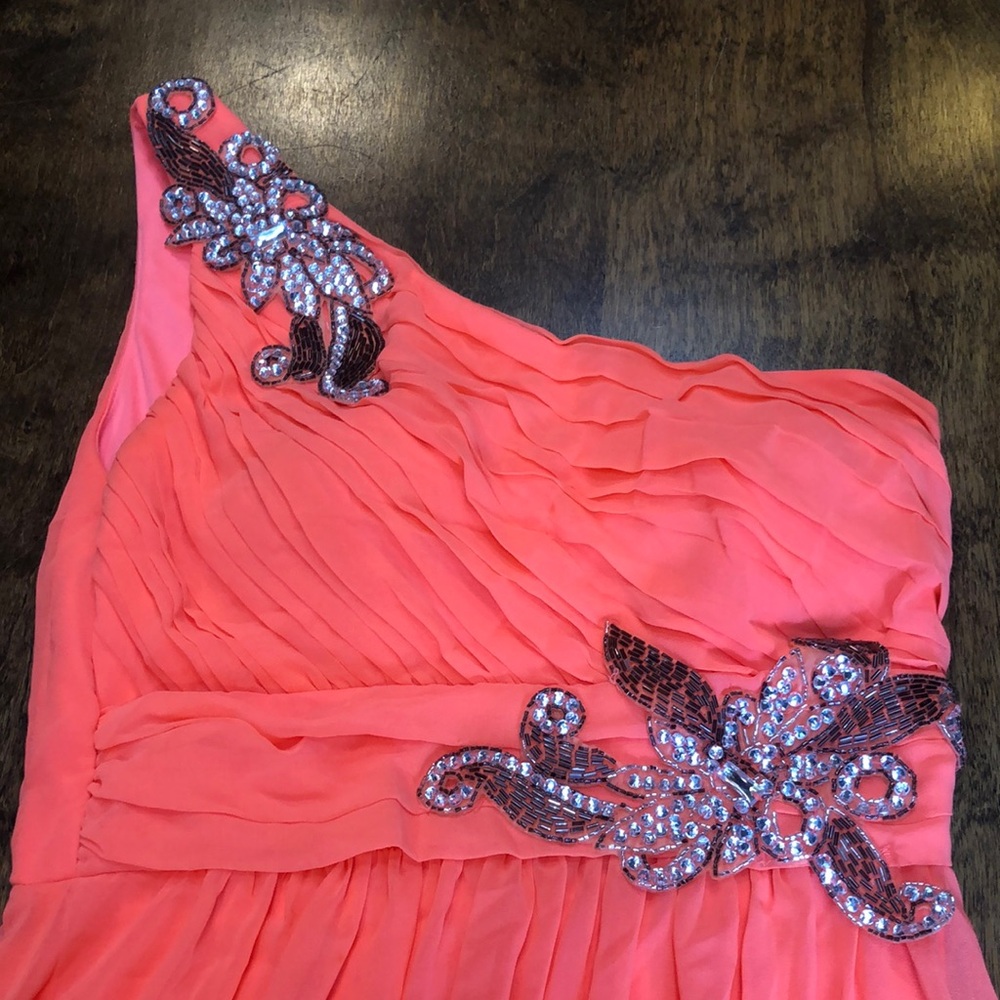 Prom Formal Coral One Shoulder Dress Beaded Applique Evening Gown